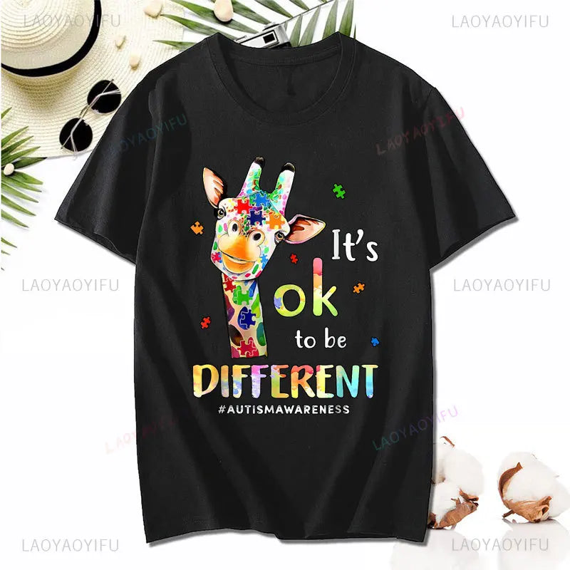 Cute Giraffe Animal Its Ok To Be Different T-Shirt Autism Awareness T Shirt Kawaii Clothes Man Women Clothing Cotton Short-sleev