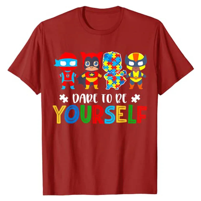 Dare To Be Yourself Shirt Autism Awareness Superheroes T-Shirt Kids Tee Tops Boys Fashion Apparel Men Clothing Novelty Gifts