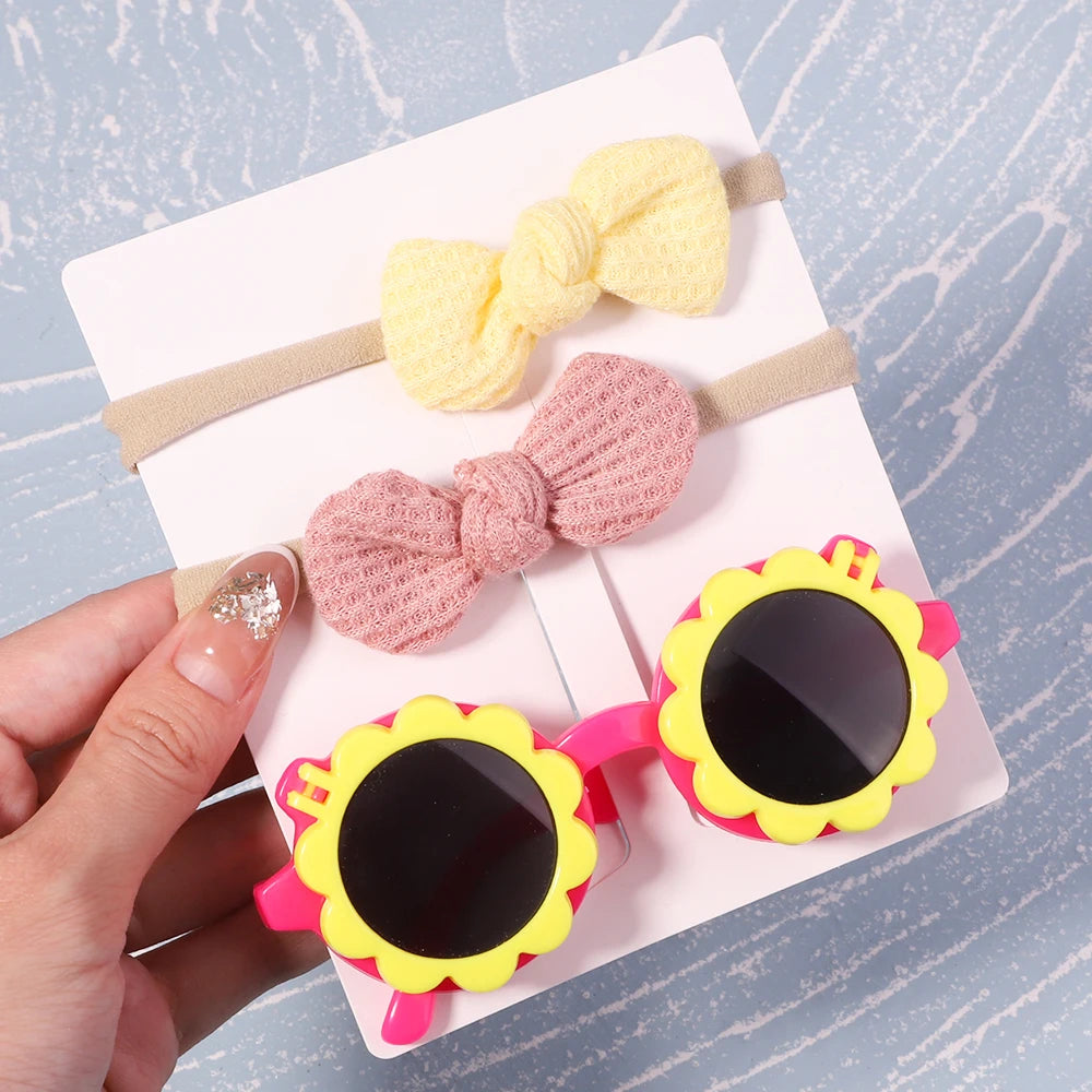 2Pcs/Pack Vintage Kids Summer Bows Headband Round Sunglasses Children Sun Glasses Protection Glasses Baby Hair Accessories