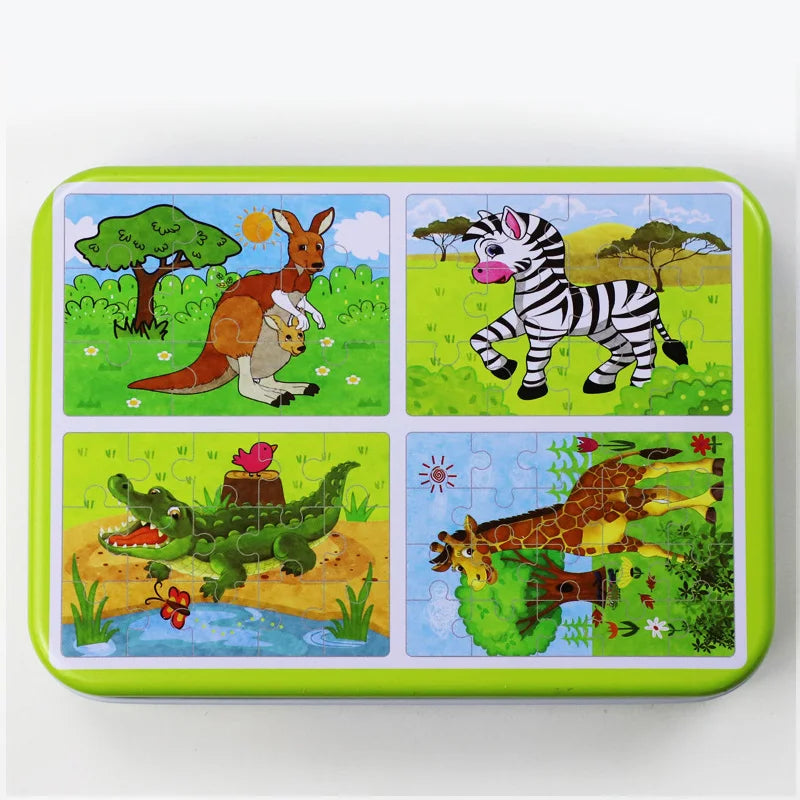 Kindergarten Children Wooden Puzzle 9/12/15/20 Pcs 4 in 1 Cartoon Animal Jigsaw with Iron Box Kids Educational Toy