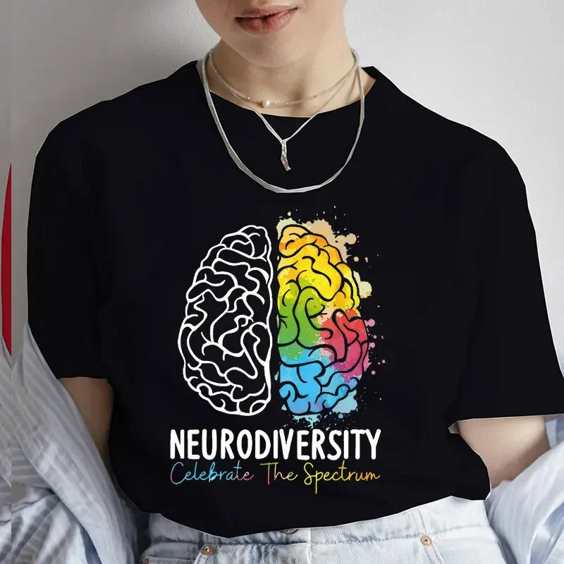 Women Clothing Embrace Neurodiversity Celebrate The Spectrum Brain Autism T-Shirt Short Sleeve Tees Fashion Y2k Graphic Tops