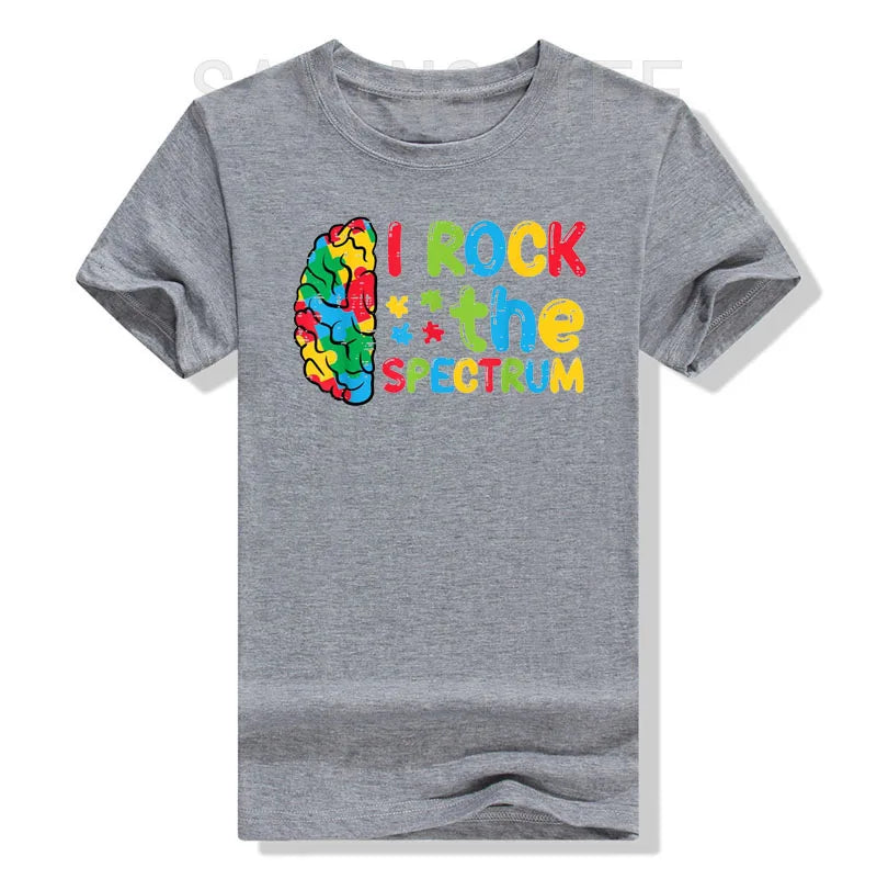 Autism Brain I Rock The Spectrum Awareness Boys Girls Kids T-Shirt Puzzle Blue Ribbon Rainbow Infinity Outfit Saying Tee Gifts