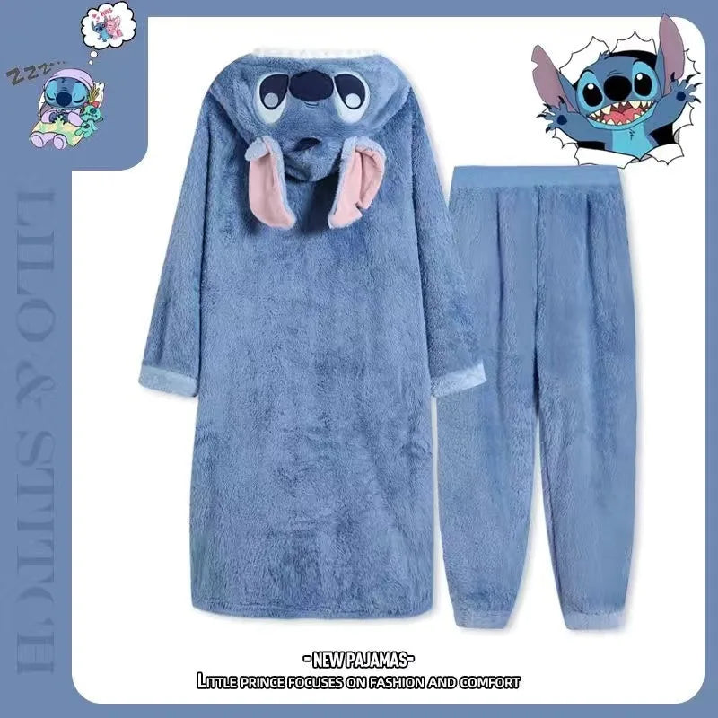 Disney Stitch & Angel Coral Fleece Sleepwear Pajamas for Women Winter Thick Plush Bathrobe for Couples Hooded Long Nightgown