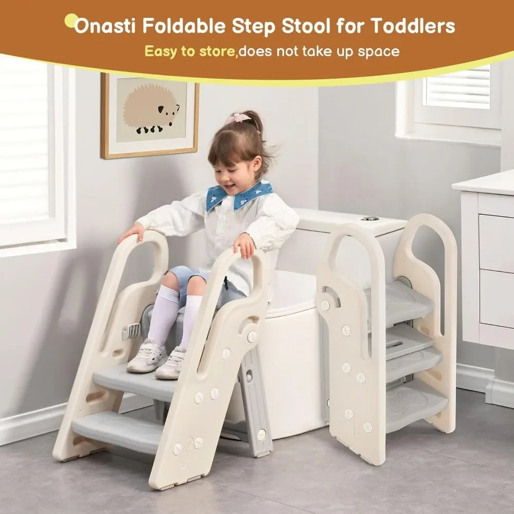 Onasti Foldable Step Stool for Bathroom Sink, Adjustable 3 Step Stool for Kids Toilet Potty Training Stool with Handles