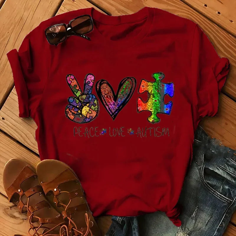 Peace Love Autism Colorful Print Women T Shirt Short Sleeve O Neck Loose Women Tshirt Ladies Tee Shirt Tops Camisetas Mujer