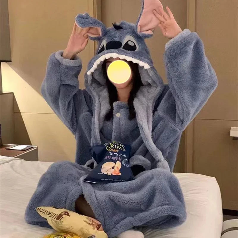 Disney Stitch & Angel Coral Fleece Sleepwear Pajamas for Women Winter Thick Plush Bathrobe for Couples Hooded Long Nightgown