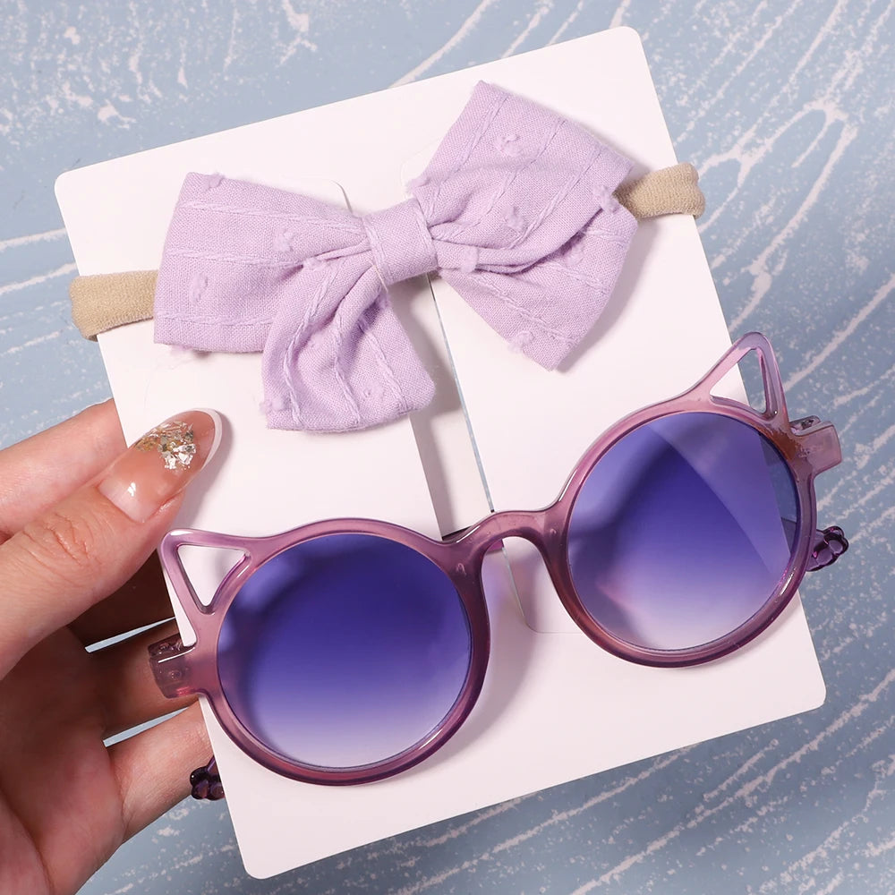 2Pcs/Pack Vintage Kids Summer Bows Headband Round Sunglasses Children Sun Glasses Protection Glasses Baby Hair Accessories