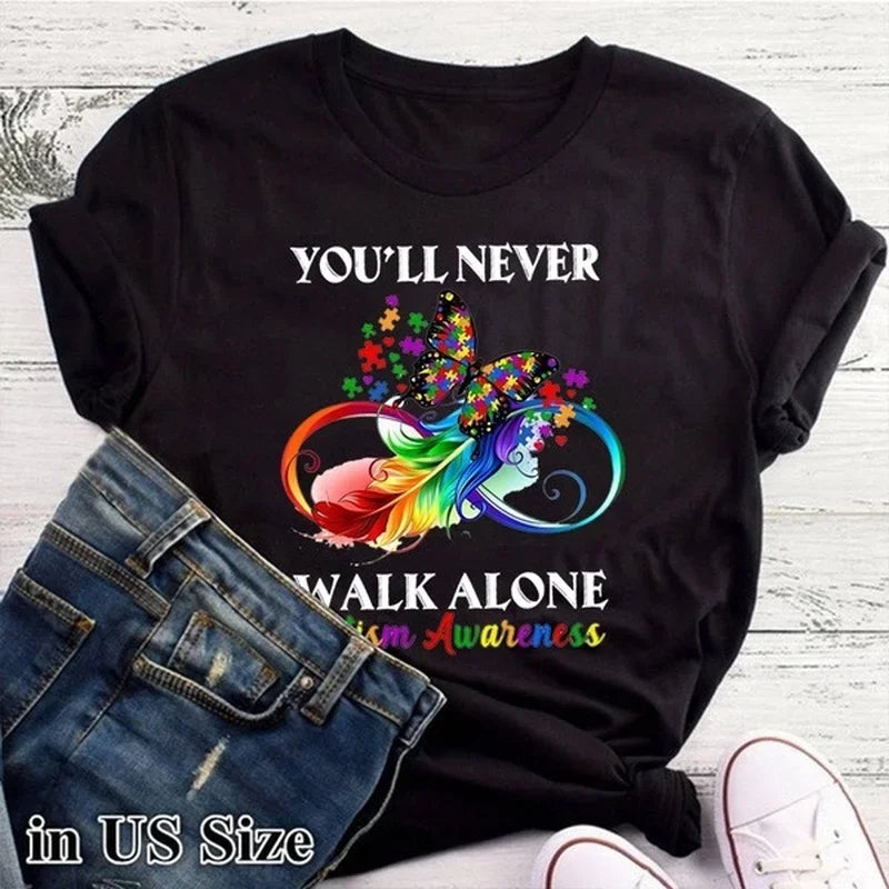 Autism Never Walk Alone Print Women T Shirt Short Sleeve O Neck Loose Women Tshirt Ladies Tee Shirt Tops Clothes Camisetas Mujer