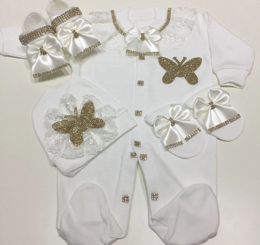 Dollbling Emerald Gold Crystal Luxury Baby Bling Romper Set My 1st Christmas Photography 4pcs Romper Hat Mittens Shoes Set