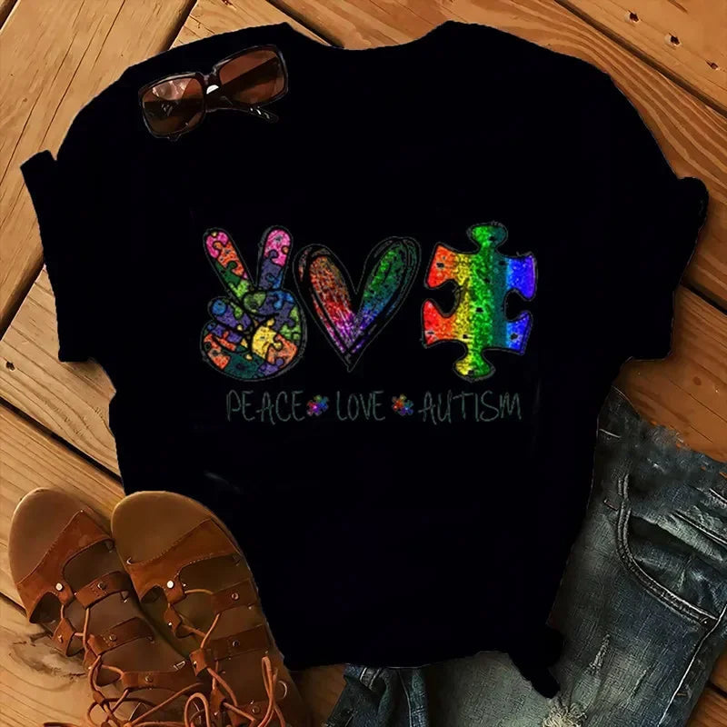 Peace Love Autism Colorful Print Women T Shirt Short Sleeve O Neck Loose Women Tshirt Ladies Tee Shirt Tops Camisetas Mujer