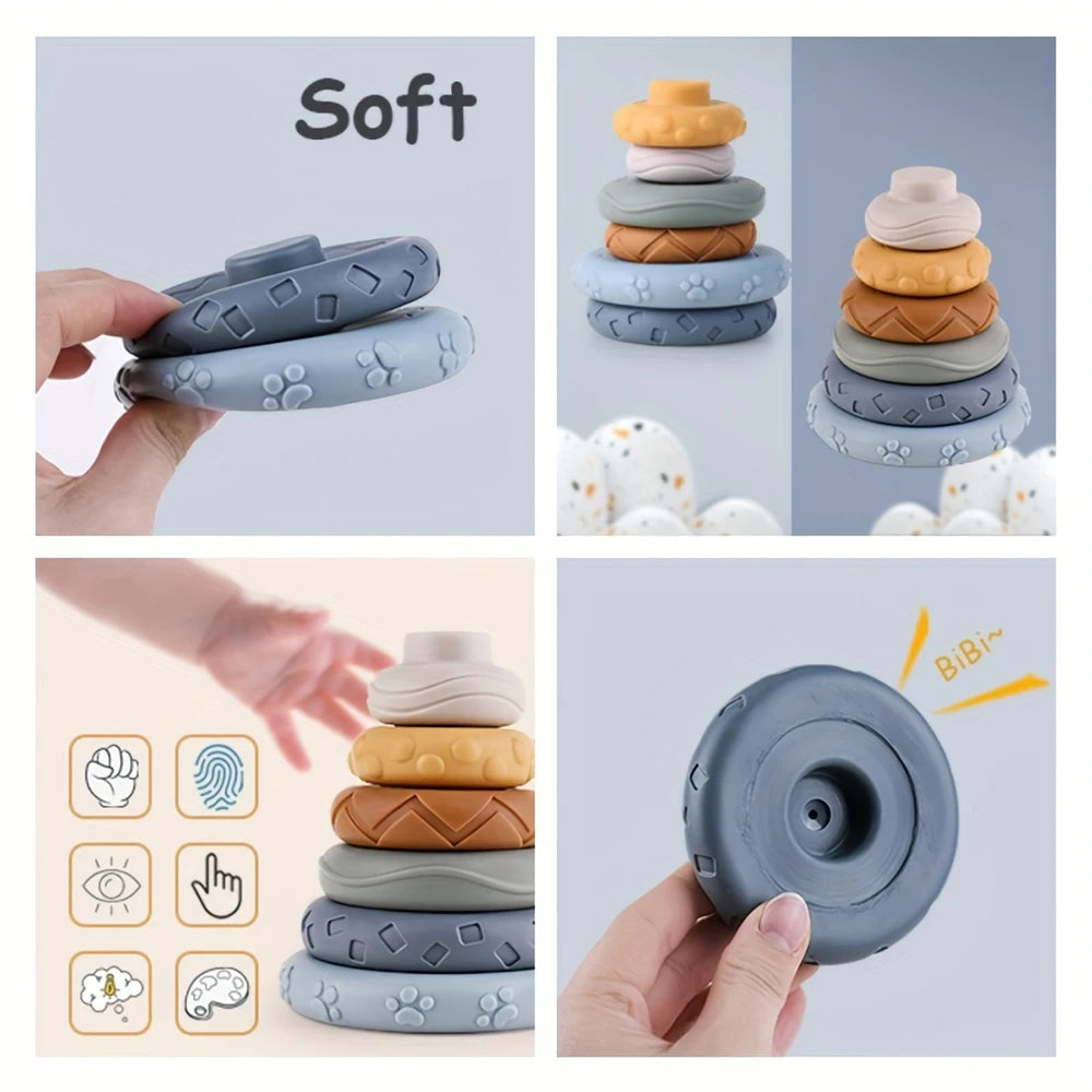 Infant and toddler early education soft rubber block rainbow circle six layer stacked music kneading called baby gum children's toy