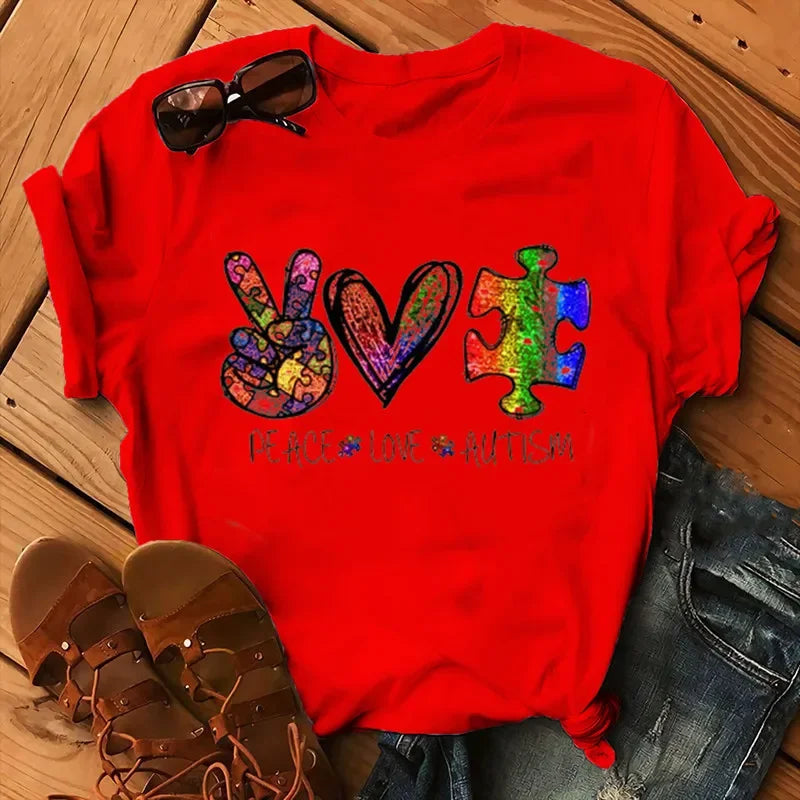 Peace Love Autism Colorful Print Women T Shirt Short Sleeve O Neck Loose Women Tshirt Ladies Tee Shirt Tops Camisetas Mujer