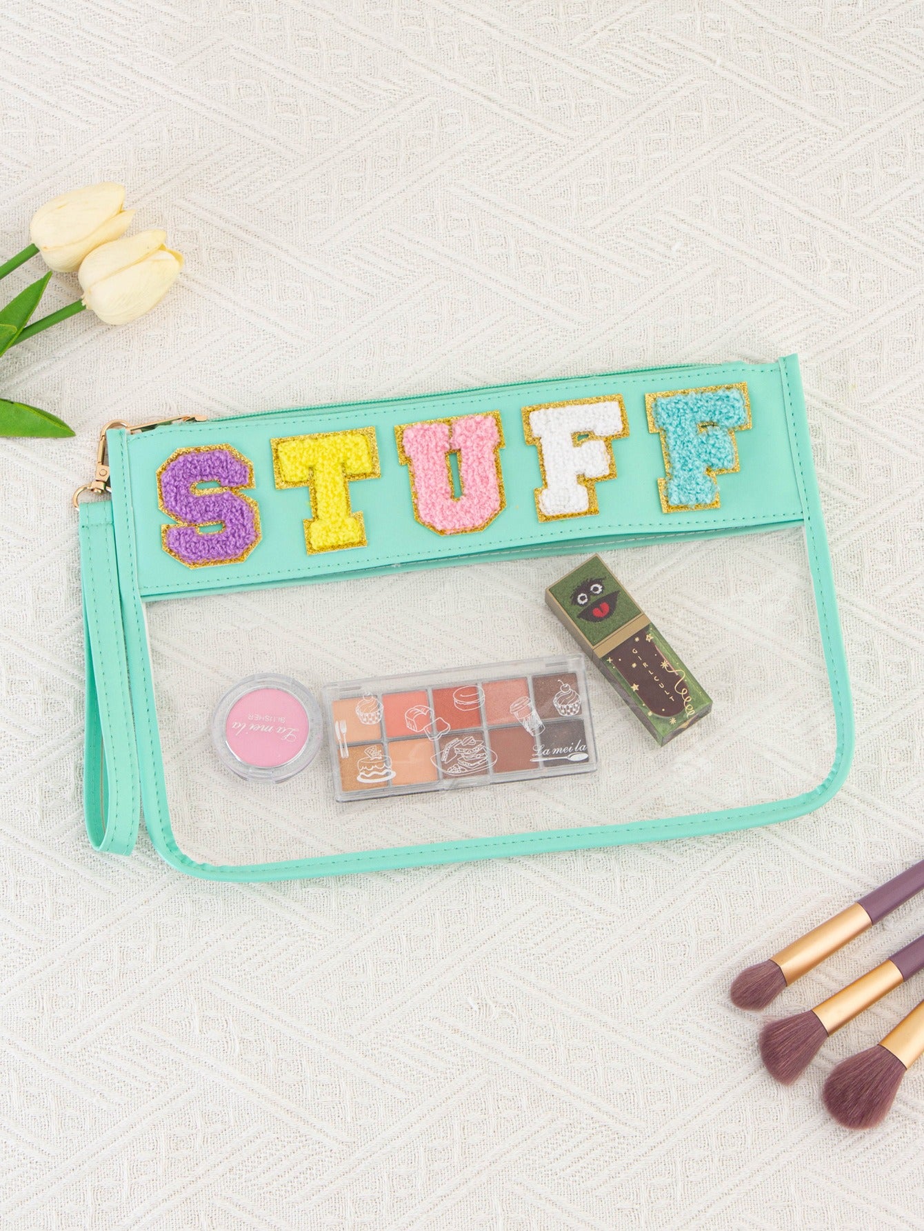 Snack sac de rangement transparent PVC zip pochette broderie lettre Hand Makeup Pack portable pu sac de toilette étanche