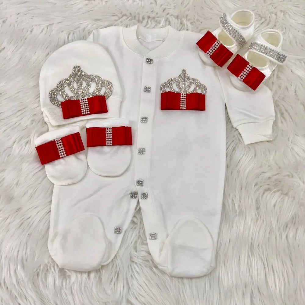 Dollbling Emerald Gold Crystal Luxury Baby Bling Romper Set My 1st Christmas Photography 4pcs Romper Hat Mittens Shoes Set