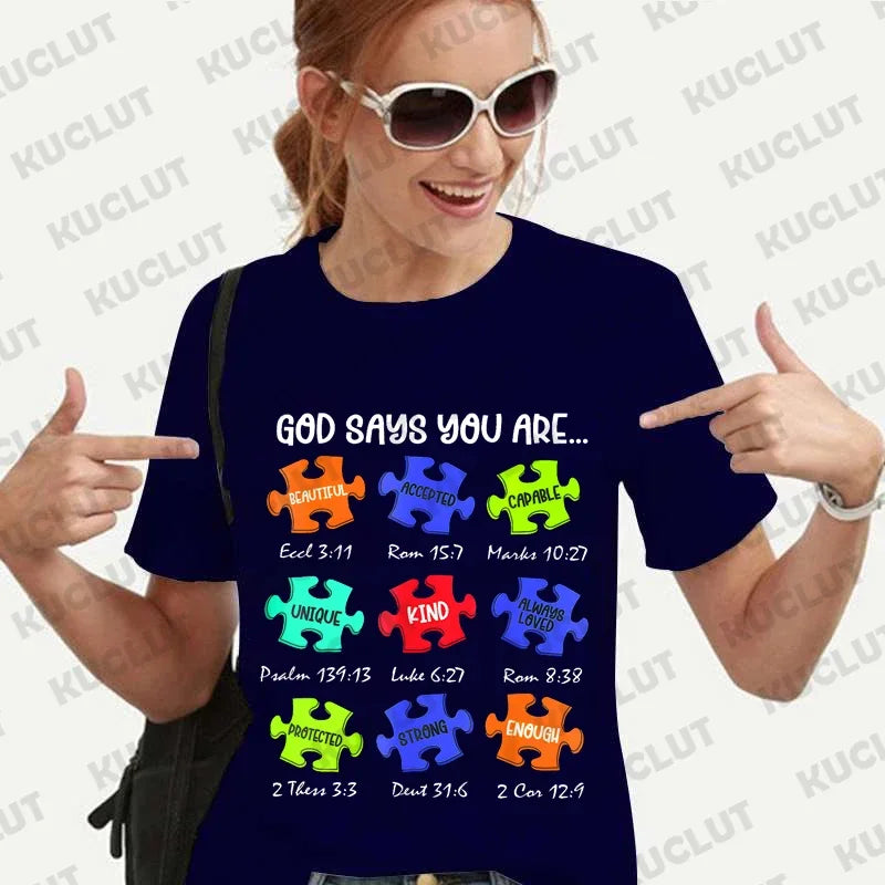 God Says I Am Autism Shirts for Women Clothing Be Kind Retro T-shirts Harajuku Graphic Clothing Jesus Autism Women's Tops