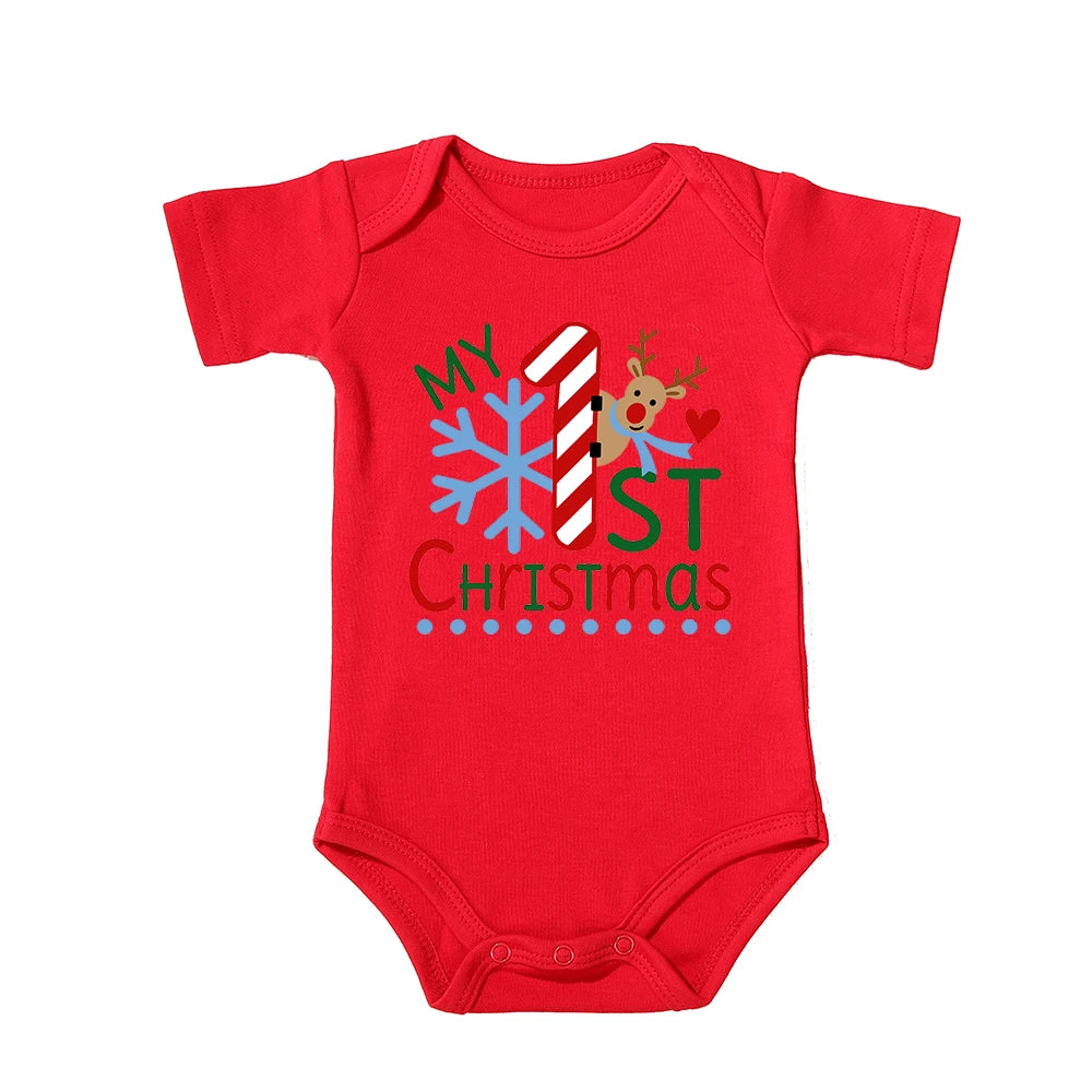 My First Christmas Kids Red Short Sleeve Jumpsuit Fashion Toddler Boy Girl Infant Outfit Clothes Cute Deer Print Xmas Best Gift