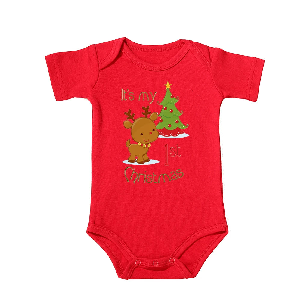 My First Christmas Kids Red Short Sleeve Jumpsuit Fashion Toddler Boy Girl Infant Outfit Clothes Cute Deer Print Xmas Best Gift