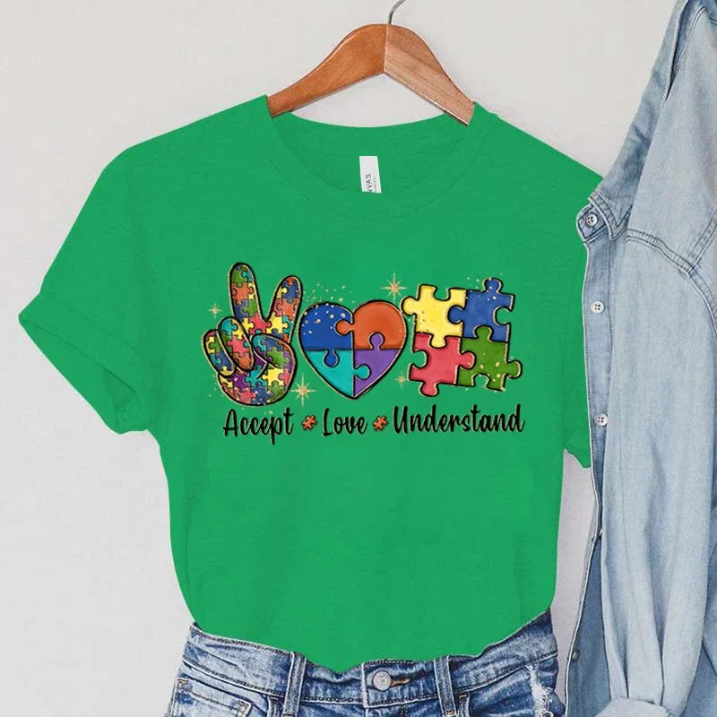 Accept Love and Understand Print T-shirts Autism Awareness T Shirts Color Puzzle Block Women's Tees Harajuku Korean Tops 2023