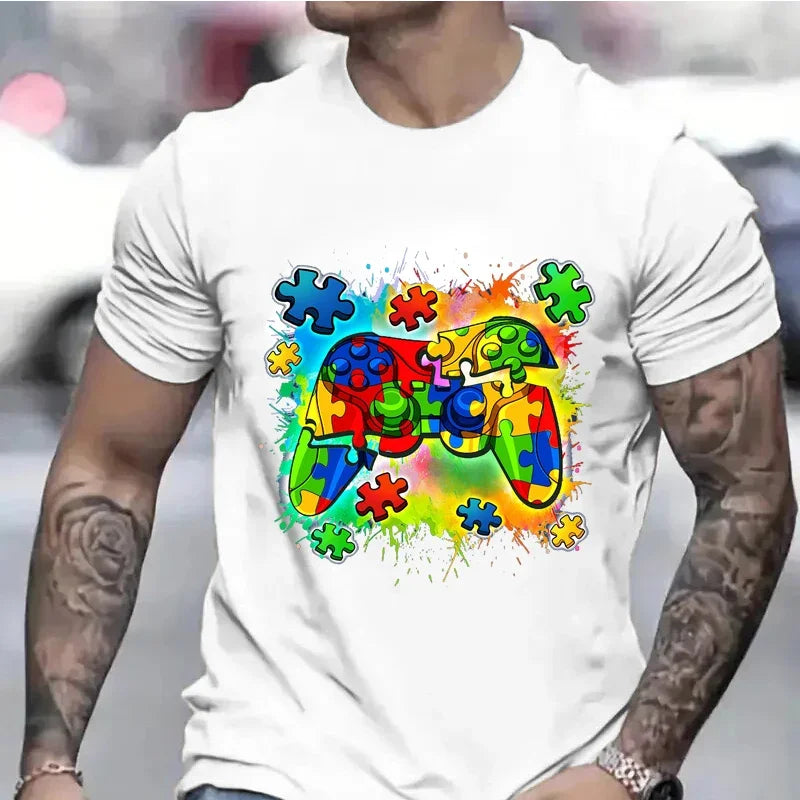 Autism Awareness Video Game Controller Boys T-Shirt Autism Awareness Month Men Tshirts Black T Shirts Summer Short Sleeve Tops