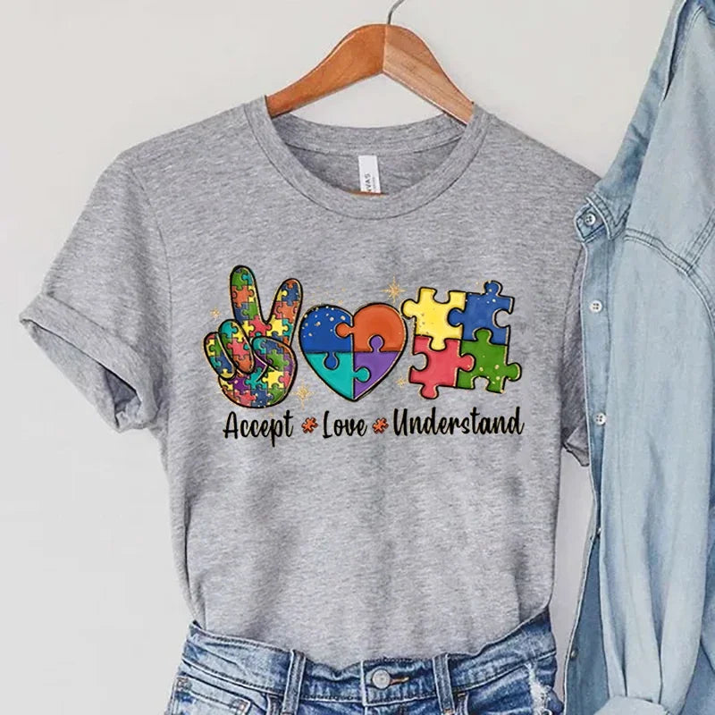 Accept Love and Understand Print T-shirts Autism Awareness T Shirts Color Puzzle Block Women's Tees Harajuku Korean Tops 2023