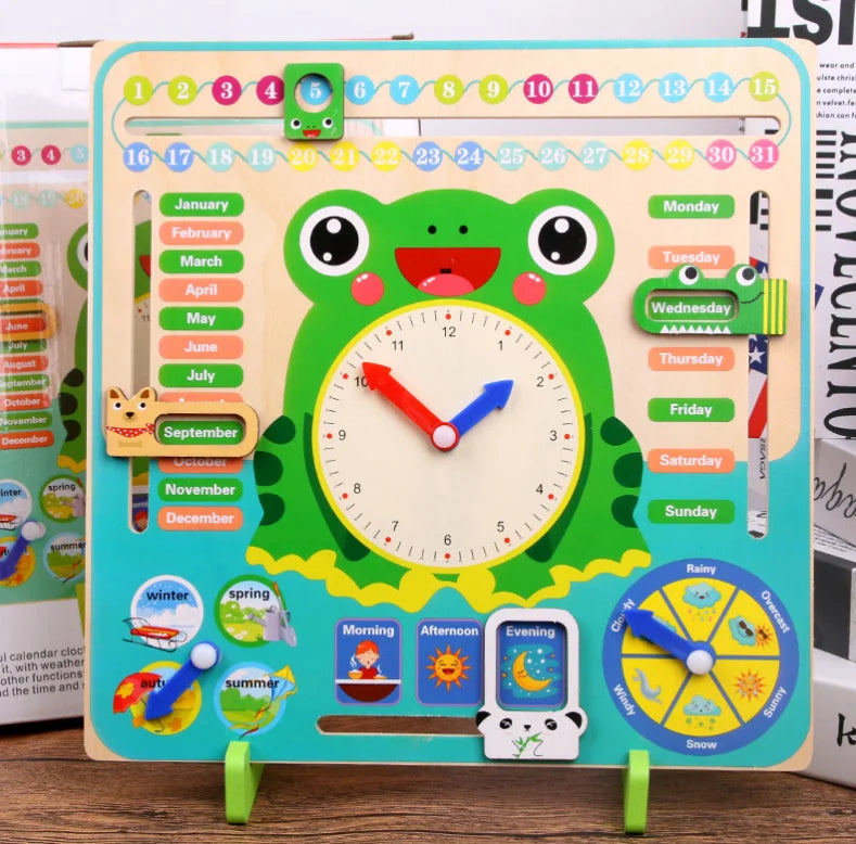 Montessori Wooden Frog Clock Toys For Kids Weather Season Calendar Clock Time Cognition Educational Toy for Children Preschool