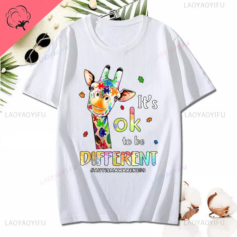 Cute Giraffe Animal Its Ok To Be Different T-Shirt Autism Awareness T Shirt Kawaii Clothes Man Women Clothing Cotton Short-sleev