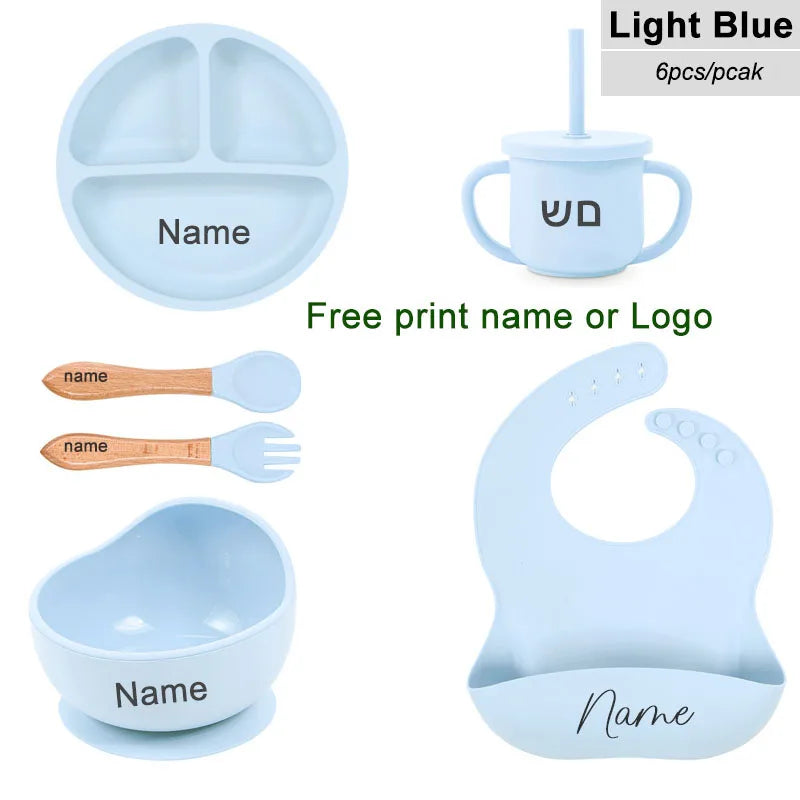 6Pcs Silicone Tableware For Kids Baby Feeding Sets Sucker Bowl Dining Plate Spoon Fork Bib Cup Personalized Name Children's Gift