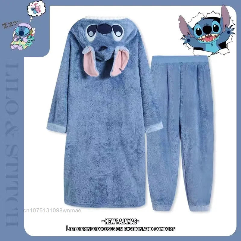 Disney Stitch & Angel Coral Fleece Sleepwear Pajamas for Women Winter Thick Plush Bathrobe for Couples Hooded Long Nightgown