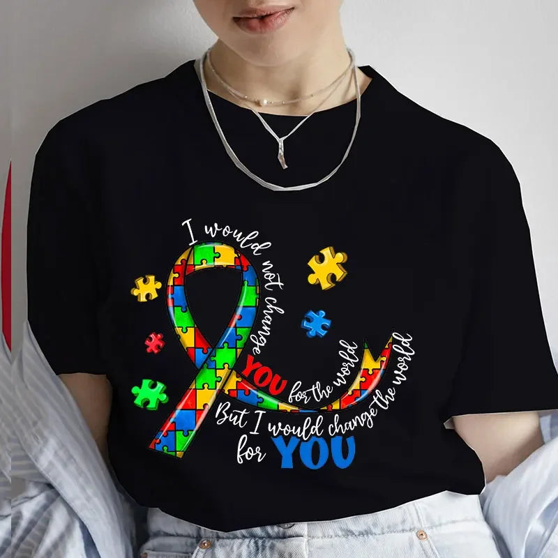 Women Clothes Autism Awareness Puzzle T-shirt Y2k Graphic Autism Mom Print Tops Fashion Short Sleeve Tees Female Clothing