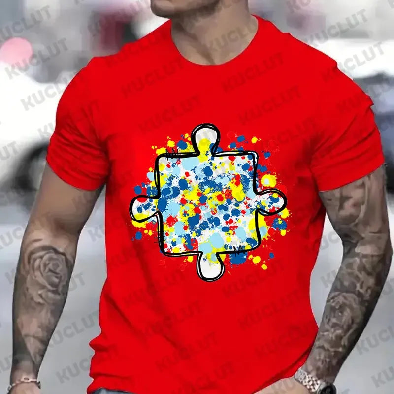 Men's T-Shirt Autism Awareness Puzzle Piece Print Male Tshirt Casual Fashion Soft Fashion Tees Clothing Harajuku Graphic Tops