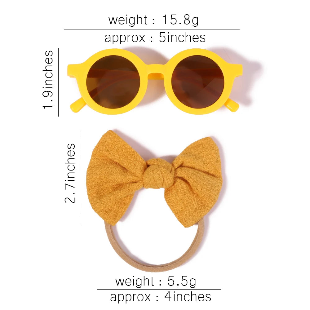 2Pcs/Pack Vintage Kids Summer Bows Headband Round Sunglasses Children Sun Glasses Protection Glasses Baby Hair Accessories