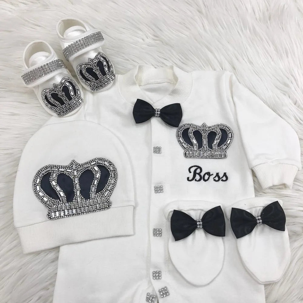 Dollbling Emerald Gold Crystal Luxury Baby Bling Romper Set My 1st Christmas Photography 4pcs Romper Hat Mittens Shoes Set