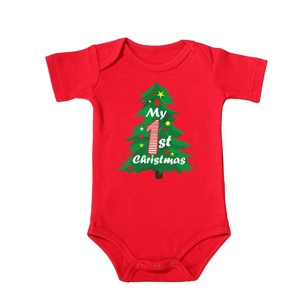 My First Christmas Kids Red Short Sleeve Jumpsuit Fashion Toddler Boy Girl Infant Outfit Clothes Cute Deer Print Xmas Best Gift