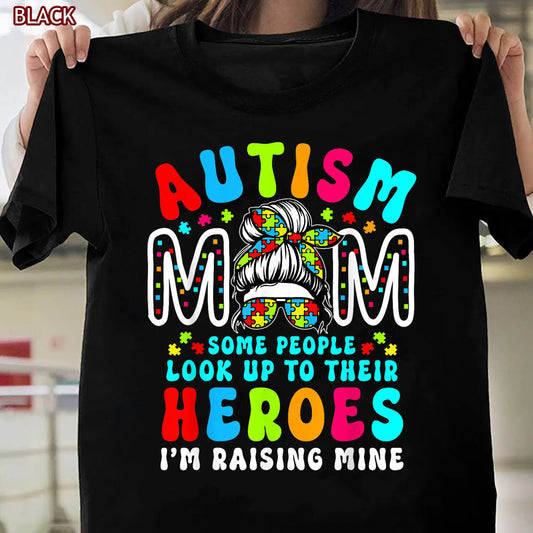 Autism Mom Raising Hero Groovy  Bun Autism Awareness T-Shirt Gift for Her