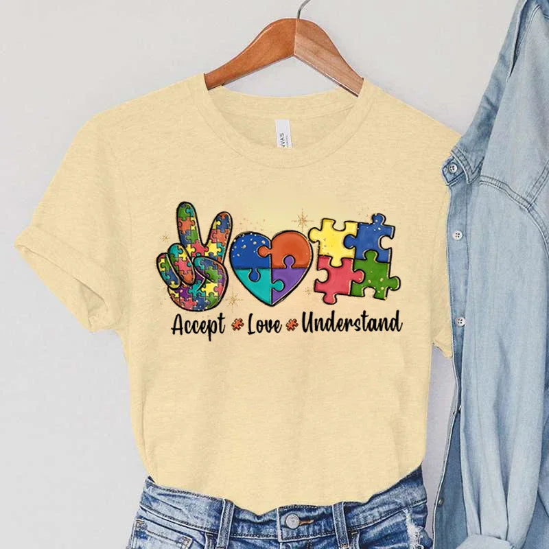 Accept Love and Understand Print T-shirts Autism Awareness T Shirts Color Puzzle Block Women's Tees Harajuku Korean Tops 2023