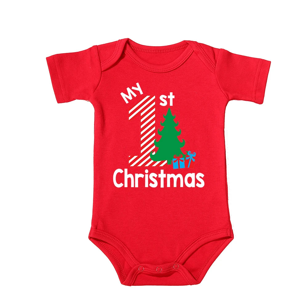 My First Christmas Kids Red Short Sleeve Jumpsuit Fashion Toddler Boy Girl Infant Outfit Clothes Cute Deer Print Xmas Best Gift