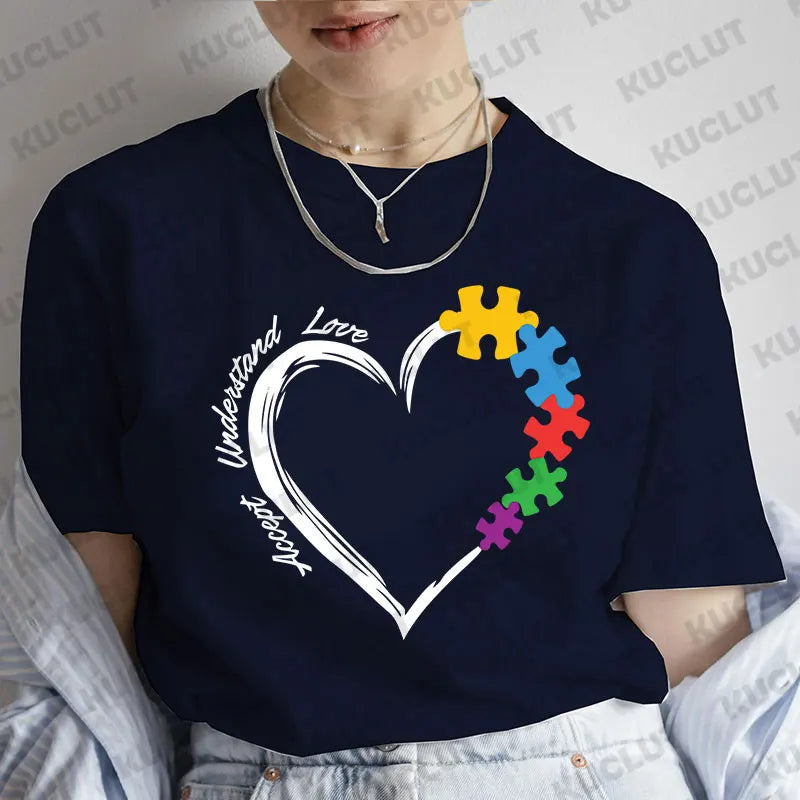 Autism Tee Shirt Femme Accept Understand Love Tshirt Autism Awareness T-Shirt Puzzle Piece Shirt Tops Autism Teacher Tee Clothes