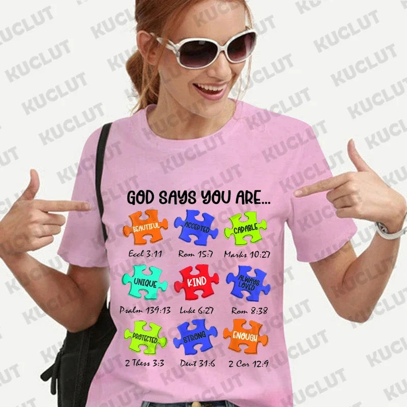 God Says I Am Autism Shirts for Women Clothing Be Kind Retro T-shirts Harajuku Graphic Clothing Jesus Autism Women's Tops