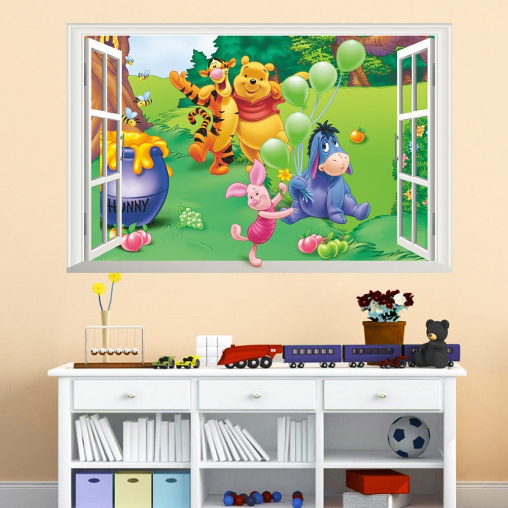 Cartoon teddy bear fake window, children's room, bedroom decoration, removable waterproof wall sticker