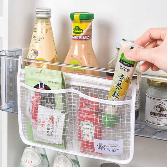 Refrigerator storage net bag hanging type household kitchen classification storage bag multifunctional dual compartment