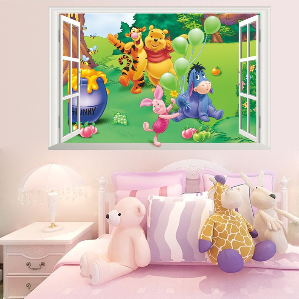 Cartoon teddy bear fake window, children's room, bedroom decoration, removable waterproof wall sticker