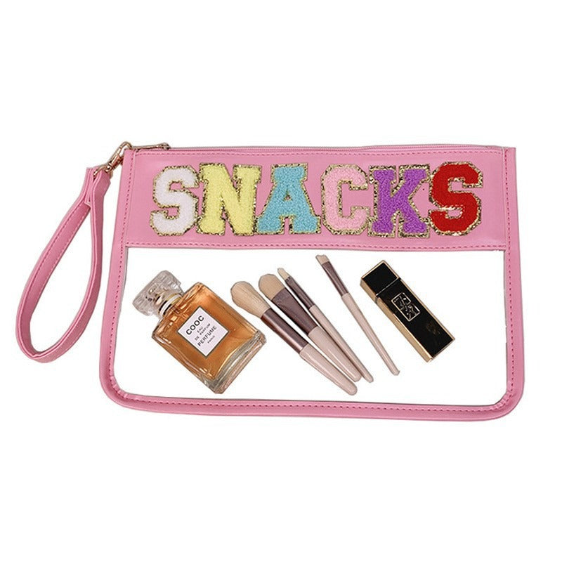 Snack sac de rangement transparent PVC zip pochette broderie lettre Hand Makeup Pack portable pu sac de toilette étanche