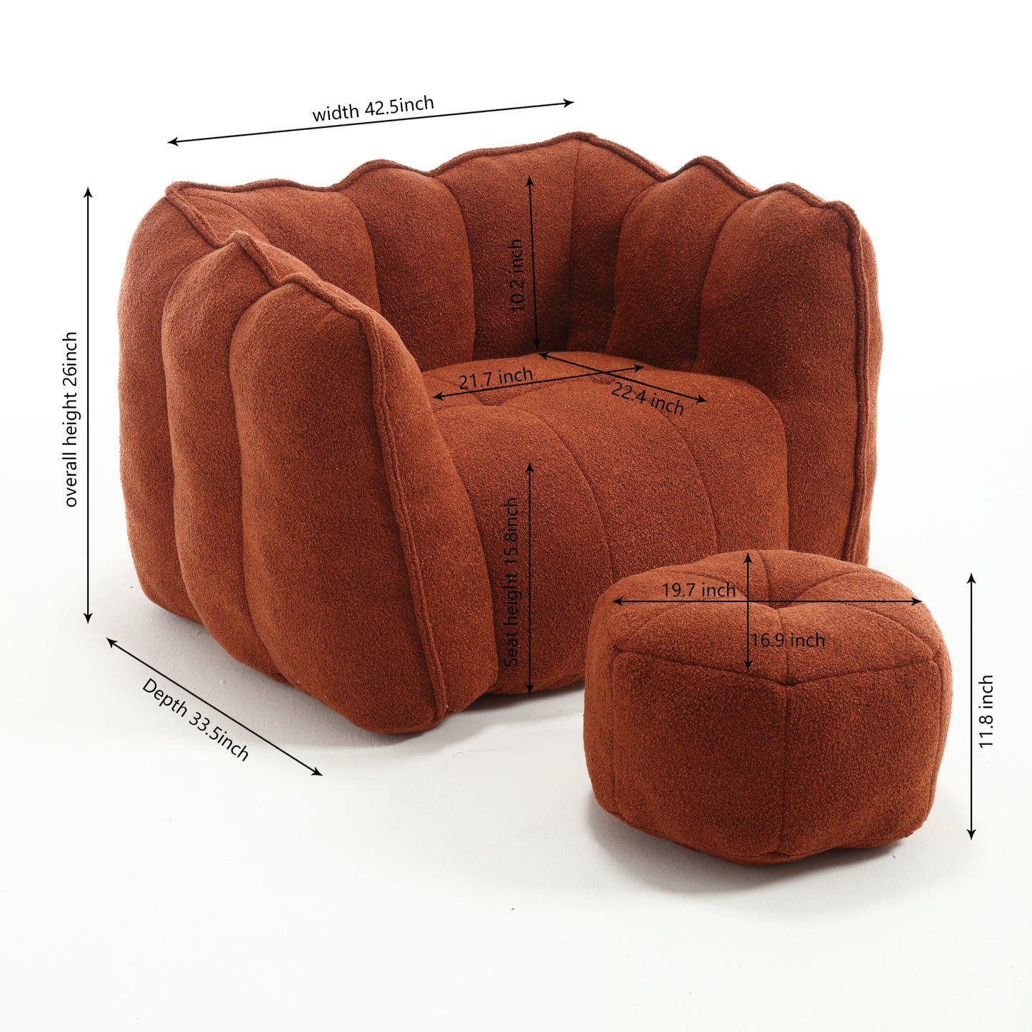 Soft Bean Bag Chair with High Resilient Foam(Chips)for living room and bedroom Comfortable Square Lazy Sofa with  Footstool