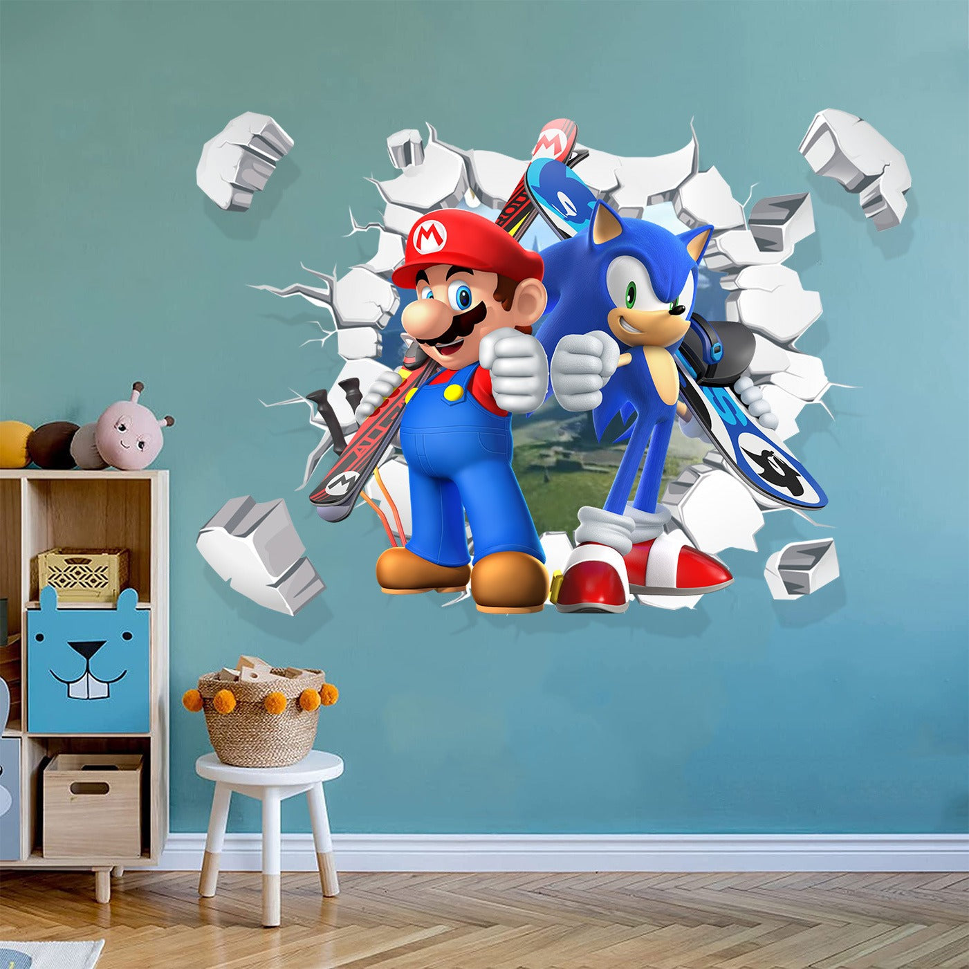 Mario Children's Room Broken Wall Decoration Sticker PVC Self Adhesive Cartoon Anime Sonic Sticker Poster