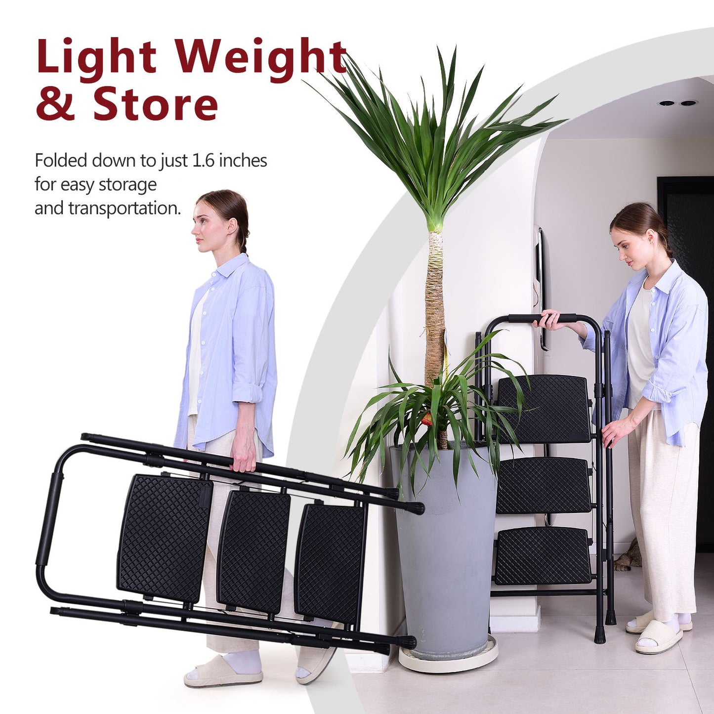 Lightweight folding four step stool, wide anti slip pedal and safety handle, sturdy steel ladder, multifunctional ladder