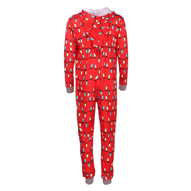 Christmas Pajamas Onesis Parent-Child Matching Sleepwear Jumpsuit String Lights Pattern Zipper Xmas Romper with Hood for Family