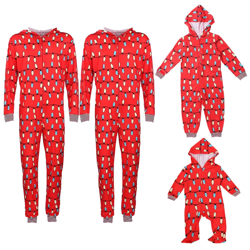 Christmas Pajamas Onesis Parent-Child Matching Sleepwear Jumpsuit String Lights Pattern Zipper Xmas Romper with Hood for Family