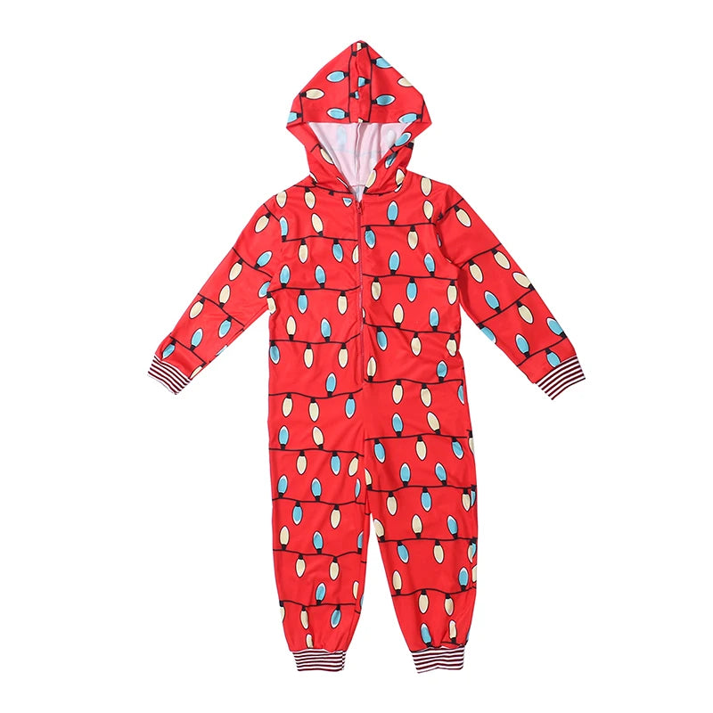 Christmas Pajamas Onesis Parent-Child Matching Sleepwear Jumpsuit String Lights Pattern Zipper Xmas Romper with Hood for Family