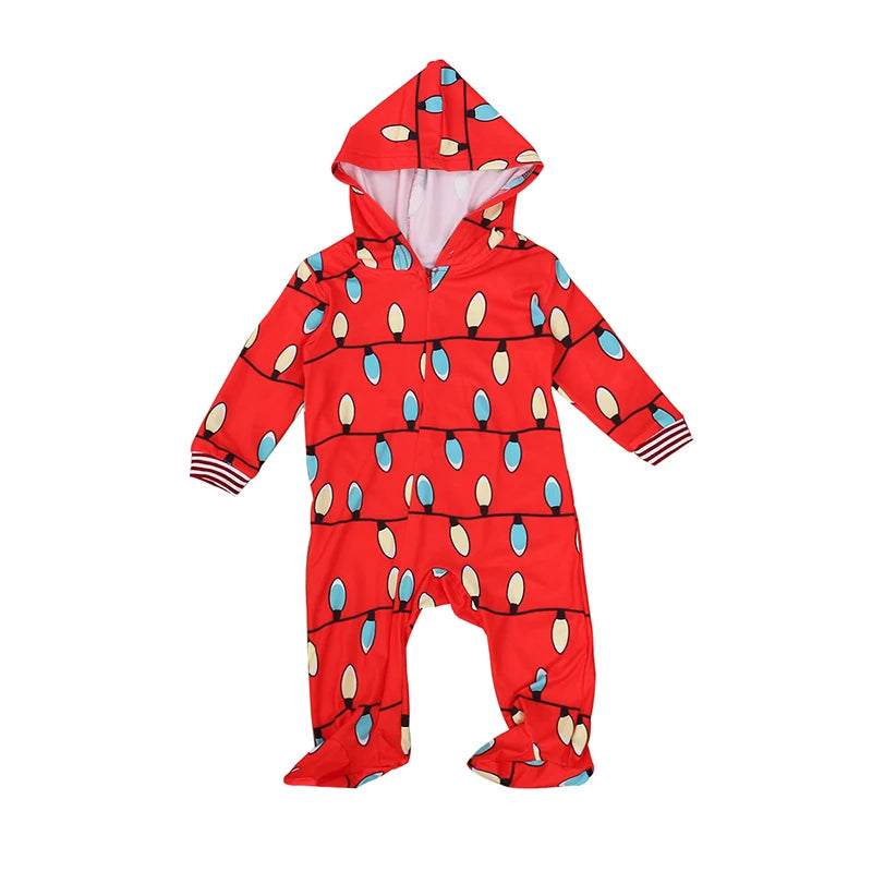 Christmas Pajamas Onesis Parent-Child Matching Sleepwear Jumpsuit String Lights Pattern Zipper Xmas Romper with Hood for Family