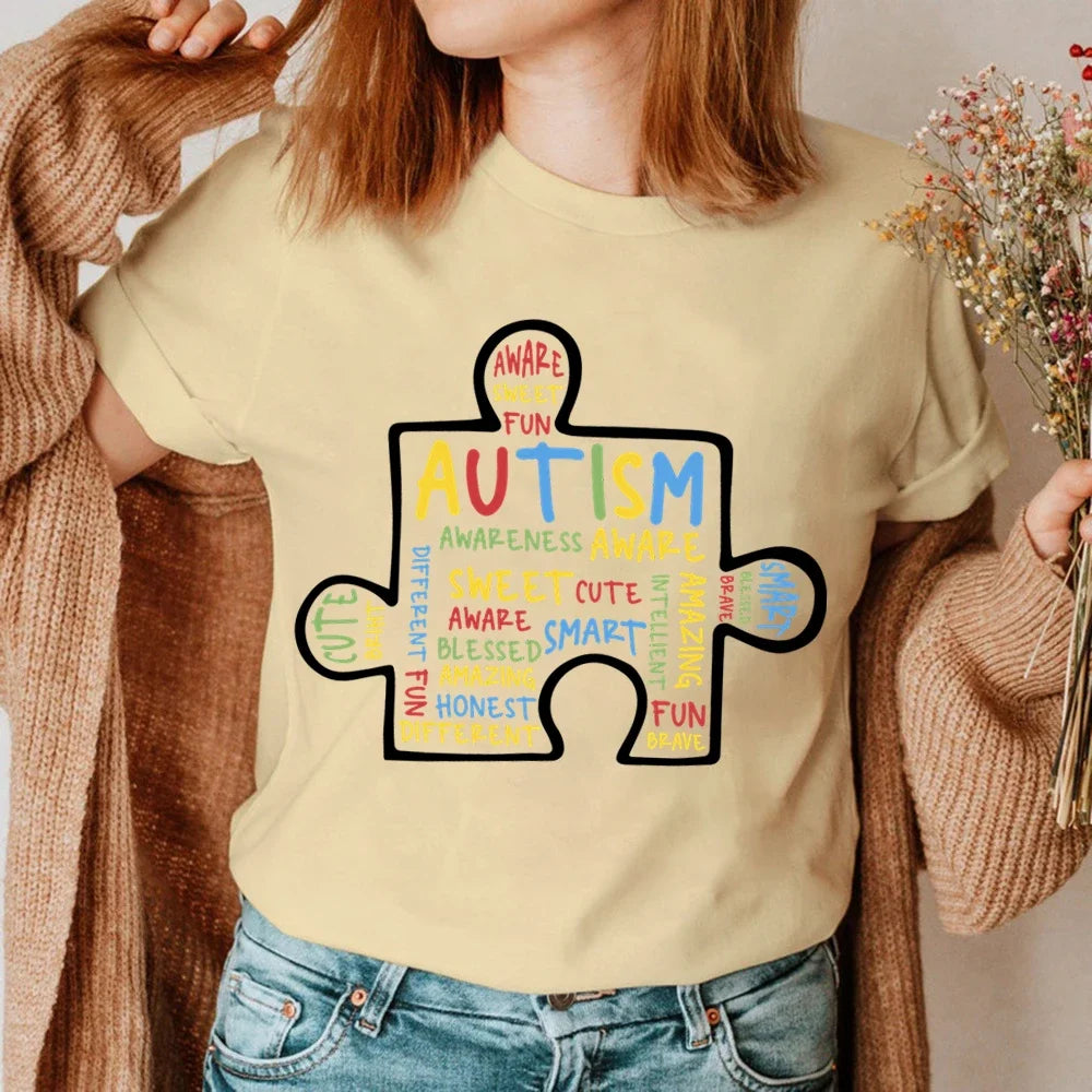 Women T-Shirt Summer Autism Graffiti Puzzle T Shirt Women Casual White Cozy Tops Loose Short Sleeve Y2k Tshirt Camisas Mujer